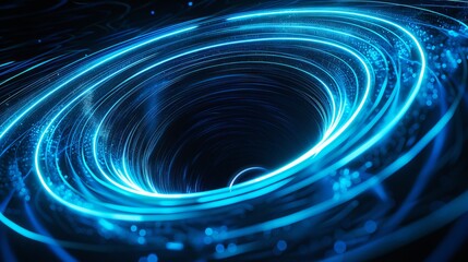 Poster - vibrant 3d blue neon lines on black hole space bend background - futuristic science design render il