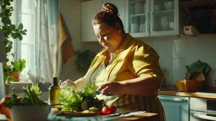 Poster - A fat woman in a yellow shirt prepares a fresh salad in her sunny kitchen filled with plants.