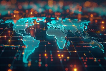 Poster - A pixelated world map with chunky continents, glowing nodes representing major data hubs, pulsating beams of light as network traffic