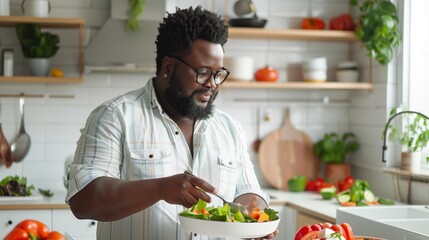 Sticker - Black man with glasses in a modern kitchen, preparing a fresh vegetable salad in a bowl.