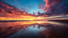 Beautiful Sunset Over The Sea With Reflection In Water. Long Exposure