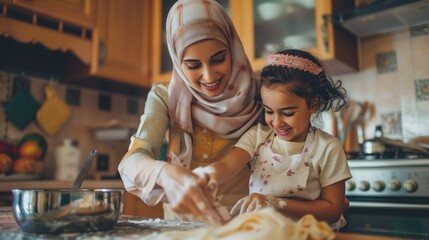 smiling muslim mother and her daughter baking together in a home kitchen