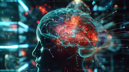Poster - a world where brain implants enhance cognitive abilities and enable direct brain-to-brain communicat