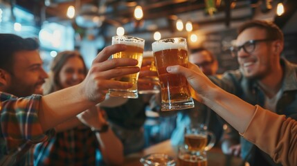 Wall Mural - Group of friends toasting with beer glasses in a lively bar, enjoying a fun night out.