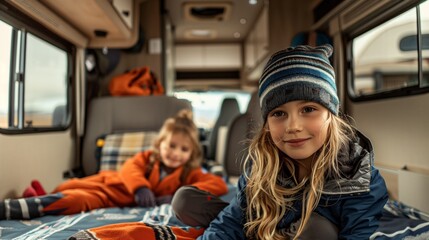 Canvas Print - Two young children smiling inside a cozy camper van, enjoying a family trip.