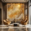 Private banking lounge displaying golden trading graphs on elegant marble walls, exclusive financial services