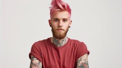 Wall Mural - Portrait of a young man with pink hair, piercings, and extensive tattoos, wearing a red t-shirt.