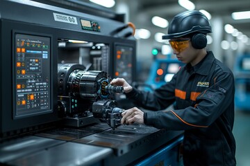 Technician precisely calibrates CNC machine in factory