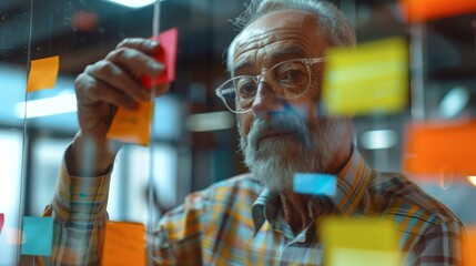 Sticker - Elderly bearded man in glasses organizing sticky notes on a clear glass wall in an office.