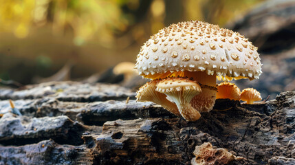 Close-up macro photography of fungi growing on a tree log, highlighting natural textures