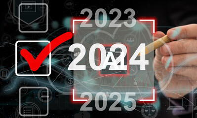 Poster - Business growing in 2024. analytical businessman planning business growth 2024, strategy digital marketing, profit income, economy, stock market trends and business, technical analysis strategy