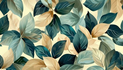 Wall Mural - abstract botanical pattern with leaves in teal, beige and brown colors