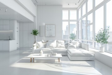 Wall Mural - Windows Interior. Modern Light Apartment with Minimalist Design and Elegant White Decor