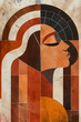 A vintage inspired Art Deco style illustration of a female portrait in terracotta and white with abstract, geometric shapes and distressed texture