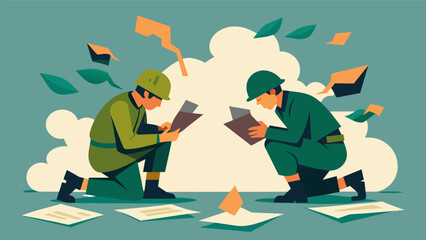 Two soldiers crouched behind a tree scribbling frantically on pieces of torn paper exchanging strategies and updates on the war effort in their. Vector illustration