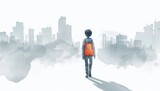 Fototapeta Boho - A boy walking on the road, wearing an orange backpack with buildings in foggy watercolor, Back to school concept