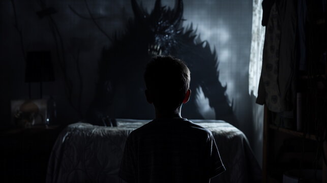 child stands facing a silhouetted figure monster in a dimly lit bedroom