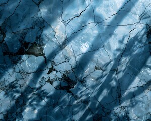 Sticker - Abstract Blue Marble Texture With Black Cracks Background, Overhead View, Sunlight, Shadows