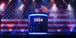 A dark blue podium with the numbers 2024 and a American flag waving on top
