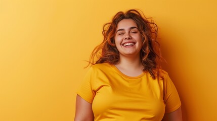 Canvas Print - Joyful young woman with curly hair laughing against a vibrant yellow background.