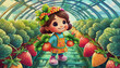 oil painting style CARTOON CHARACTER CUTE baby Happy STRAWBERRIES, standing in a greenhouse,