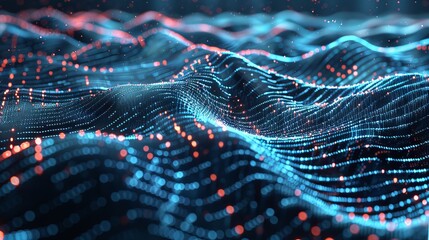 Dynamic cyber big data flow: blockchain networks intersecting with ai technology and digital communication. Vibrant 3d illustration of music waves and science research
