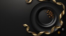 Elegant Dark Themed Image Showing A Black Plate With Gold Beads And Ribbon On A Textured Surface.