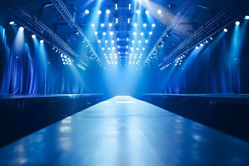 Sticker - Fashion event runway with empty catwalk and bright spotlights on stage. Concept Fashion Show, Empty Catwalk, Bright Lights, Runway Event, Stage Spotlight