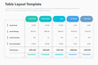 Table layout template with five options and a total amount row. Simple flat template for project data visualization.