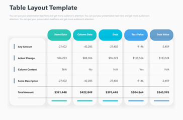 Wall Mural - Table layout template with five options and a total amount row. Simple flat template for project data visualization.