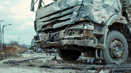 Wall Mural - Detailed image of a severely damaged truck in a devastating accident on a road with debris scattered around.