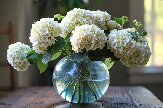 White hydrangeas arranged in a glass fishbowl vase, creating an ethereal display.