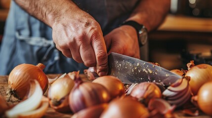 Wall Mural - Close-up image of a person's hands chopping onions on a wooden board in a kitchen.