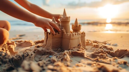 Landscape summer vacation holiday travel ocean sea background panorama - Close up of a child building a sand castle on the beach, sunshine