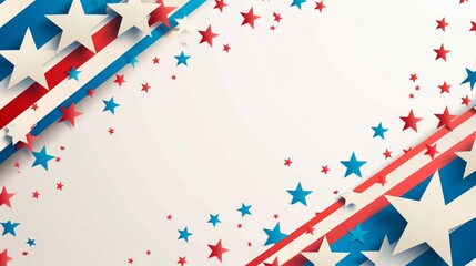 Wall Mural - A patriotic themed banner with large and small stars in red, blue, and white with diagonally striped ribbons.