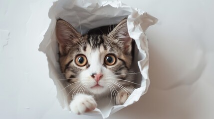 Poster - Curious tabby kitten with amber eyes peeking out of a torn white paper bag, paw extended.