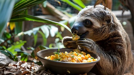 Wall Mural - Sloth Eating Papaya in a Tropical Habitat