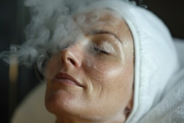 Wall Mural - facial steamer, a model relaxes with steam gently opening pores for deeper cleansing