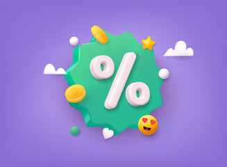 Wall Mural - Label set with percent, check mark and discount. App icon. 3D Web Vector Illustrations.