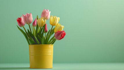 Wall Mural - Beautiful tulip flowers in yellow pot can on green background with wide copy space