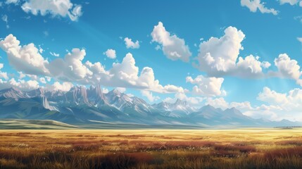 Poster - Expansive landscape featuring golden fields with a backdrop of majestic mountains under a bright, cloud-filled sky.