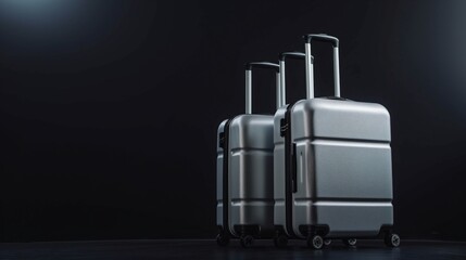 Wall Mural - Three modern silver suitcases lined up on a dark background, highlighting travel readiness.