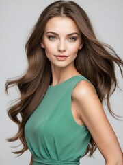 Wall Mural - caucasian beautiful woman on green dress with long hair on plain white background close-up portrait from Generative AI