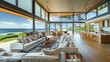 Modern beach house with open floor plan, floor-to-ceiling windows, and ocean views.