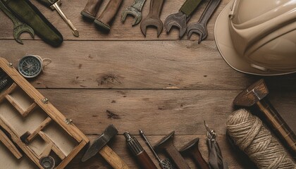 A muted-colored background with tools and instruments, hammer, metal details, tool kit, and a space for text. 