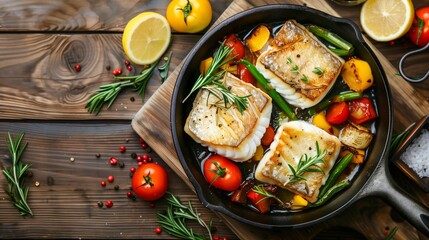 Wall Mural - Delicious pan-seared fish fillets with colorful vegetables and fresh herbs in a skillet.