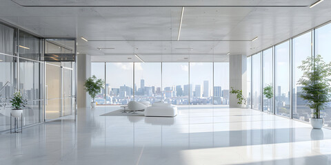  Modern interior office building empty space with big glass window skyline view , Interior Of Modern Empty Office Building open White Ceiling Design for white interior concept decoration background   