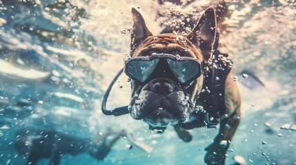 Sticker - Close-up of a dog wearing a diving mask, submerged in water with bubbles around.