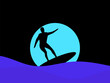 Silhouette of a surfer on a surfboard on the waves and against the backdrop of a full blue moon. Surfer rides a wave, night surfing under the moon. Design of banners and posters. Vector illustration