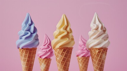 Sticker - Three colorful soft serve ice creams in waffle cones on a pink background